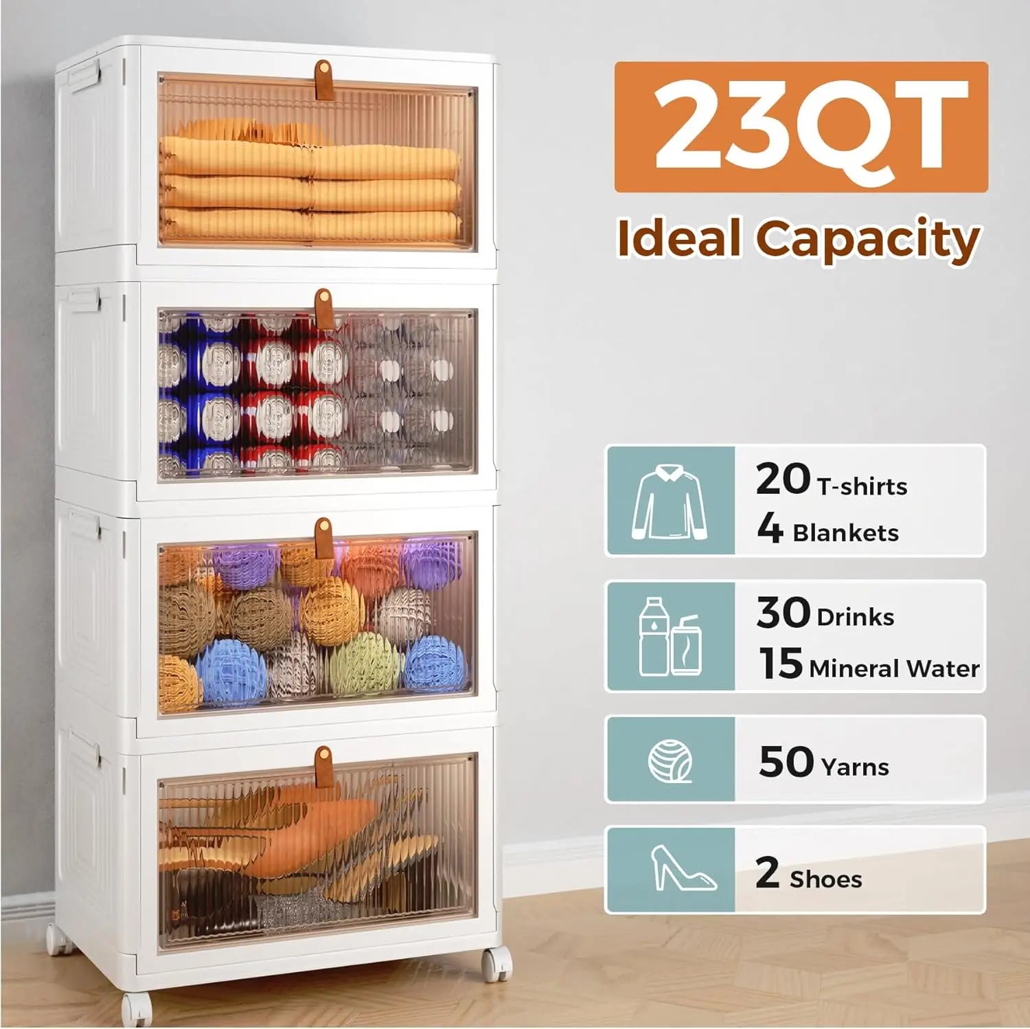 Stackable Plastic Storage Bins with Wheels - 4 Tier, 23 QT