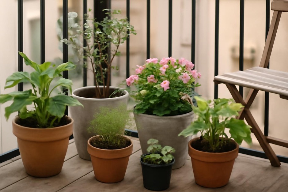 Row of assorted container plants on a small balcony