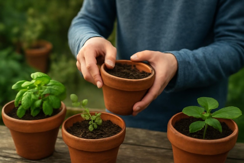 Person lifting a small terracotta pot to feel its weight and check soil moisture