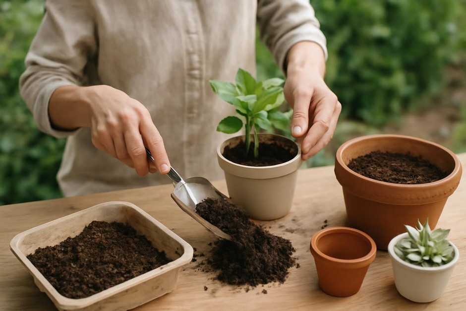 Gardener refreshing potting mix in a small container