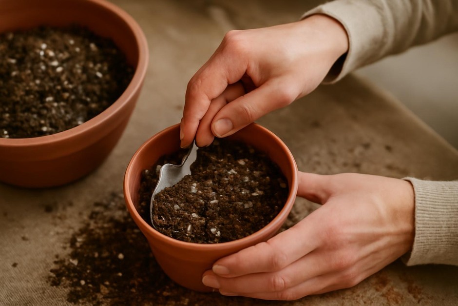 Hands mixing potting mix in a small container with a trowel