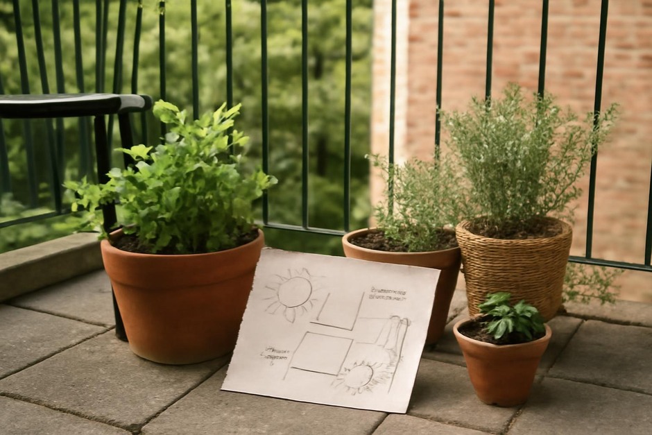 A small balcony with pots and a paper map showing sun and wind notes
