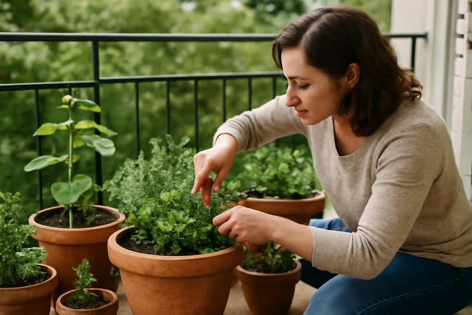 A person tending mixed container plants on a small balcony, rearranging pots and trimming foliage