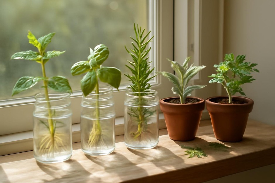 Herb cuttings rooting in jars and small pots on a sunny windowsill