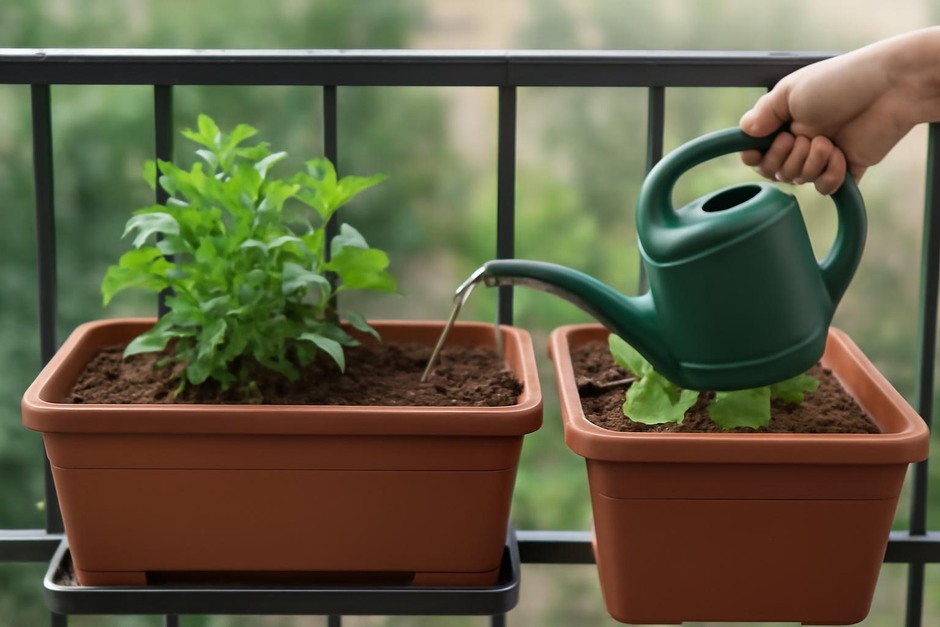 Two balcony containers, one with a self-watering reservoir and one being hand-watered